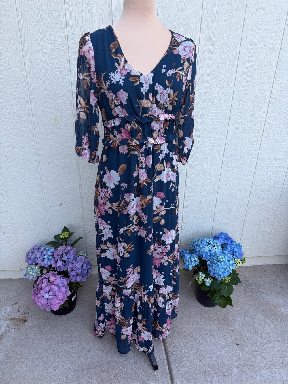 Floral V-Neck Maxi Dress in Navy and Pink